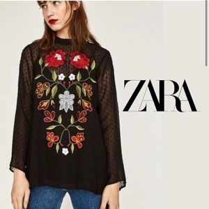 Zara XL Woman Plumetis Floral Embroidered Blouse Tunic Swiss Dot &Sheer tank top